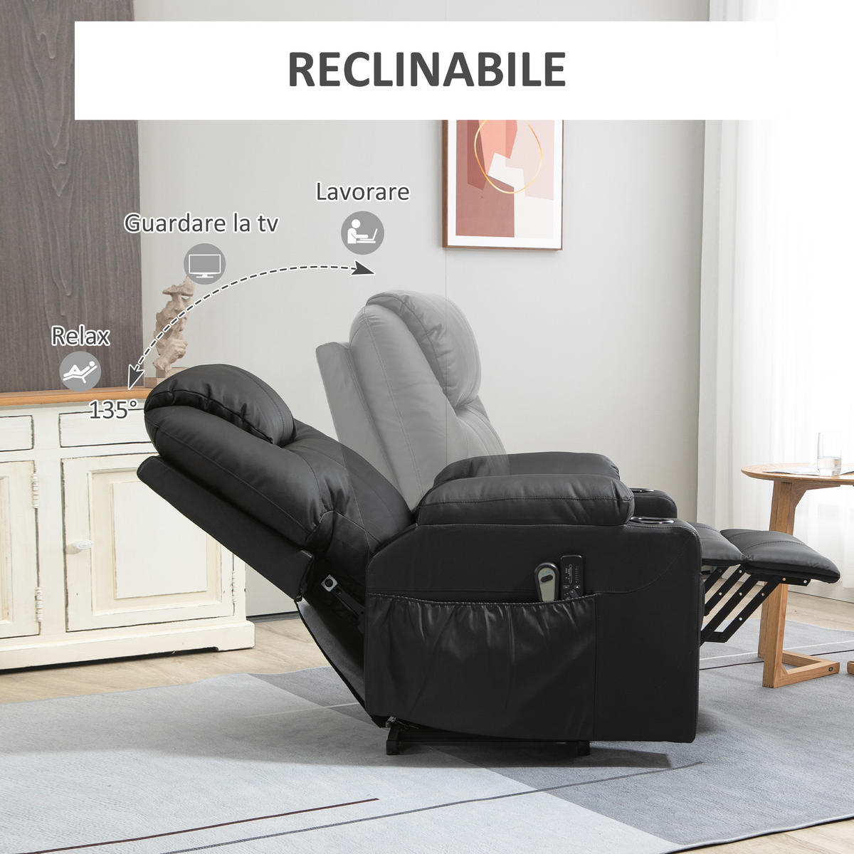 AUFSTEHSESSEL,135° verstellbar 8 Massagepunkte Fußstütze,schwarz - Schwarz, Leder (92/106/88cm) - Vallsero
