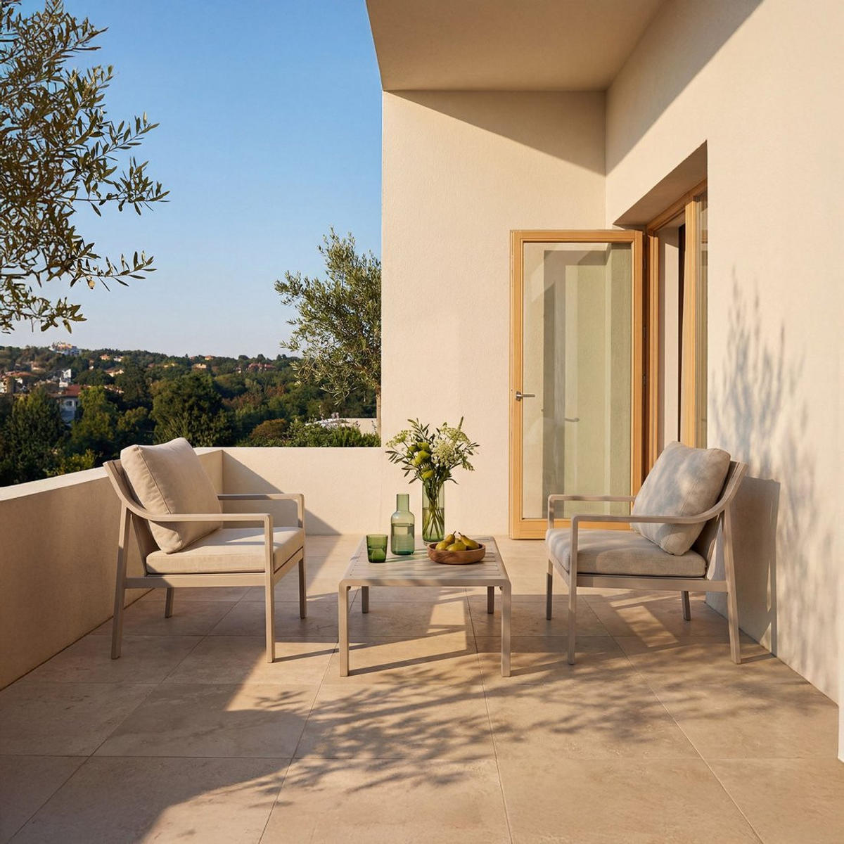 GARTEN-SET mit 2 Sesseln und Couchtisch aus beigem Aluminium Niran - Beige, Textil - Klast Home