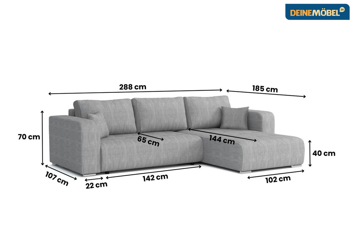 ECKSOFA CARACAS 288/185 in Cord Hellgrau mit Schlaffunktion rechts - Hellgrau, Holz/Holzwerkstoff (288/185cm) - Deine Möbel 24