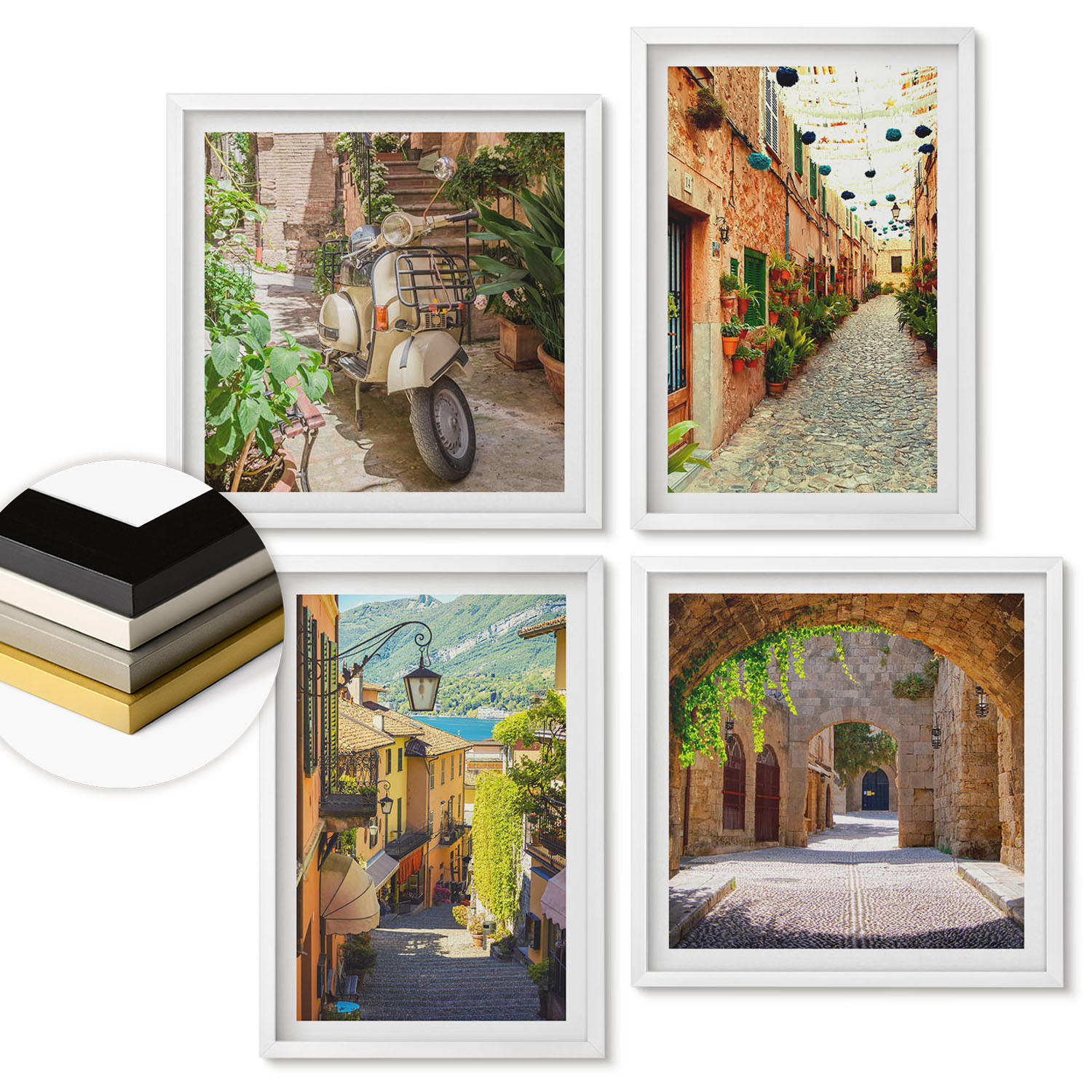 WANDBILDER 4er-Set - 50x50 cm & 40x60 cm Weißer Rahmen - Charmante Straßen und Pizza - Weiß, Kunststoff (50/50cm) - ArtPrintCave