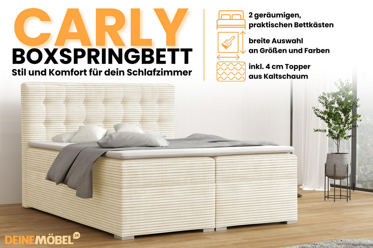 BOXBETT CARLY 140/200 in Cord Creme mit Taschen-Federkernmatratzen 7 Zonen H4 - Creme, Holz/Holzwerkstoff (140/200cm) - Deine Möbel 24