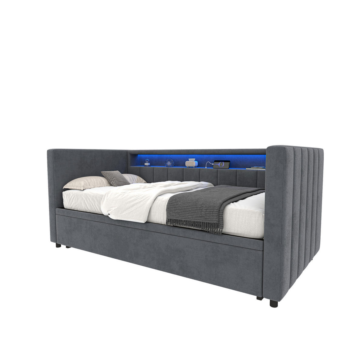 POLSTERBETT aus Samt 90x190 cm in Dunkelgrau mit LED & USB-Type-C - Dunkelgrau, Textil (90/190cm) - Modfu