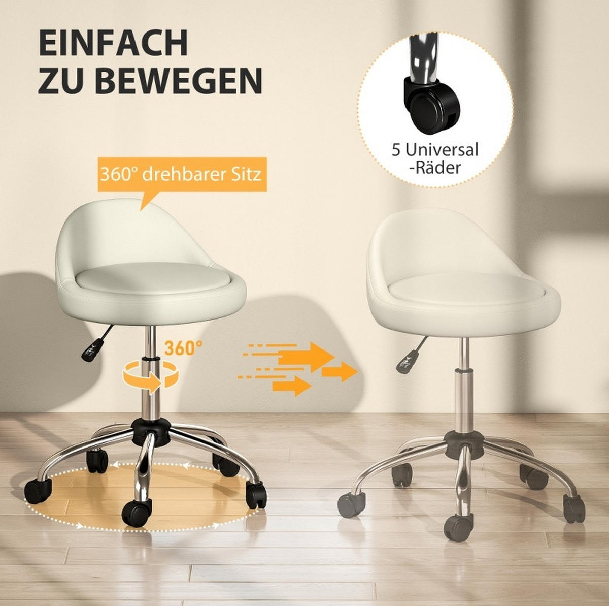 ROLLHOCKER höhenverstellbar Ø 50 x 63-83 cm Kunstleder White - Weiß, Metall (35/83/35cm) - Meubliv