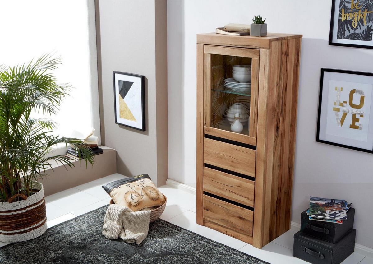 VITRINE Wild-/Zerreiche 62x42x150 natur geölt MONTREUX #122 - Braun, Holz (62/150/42cm) - Massivmoebel24