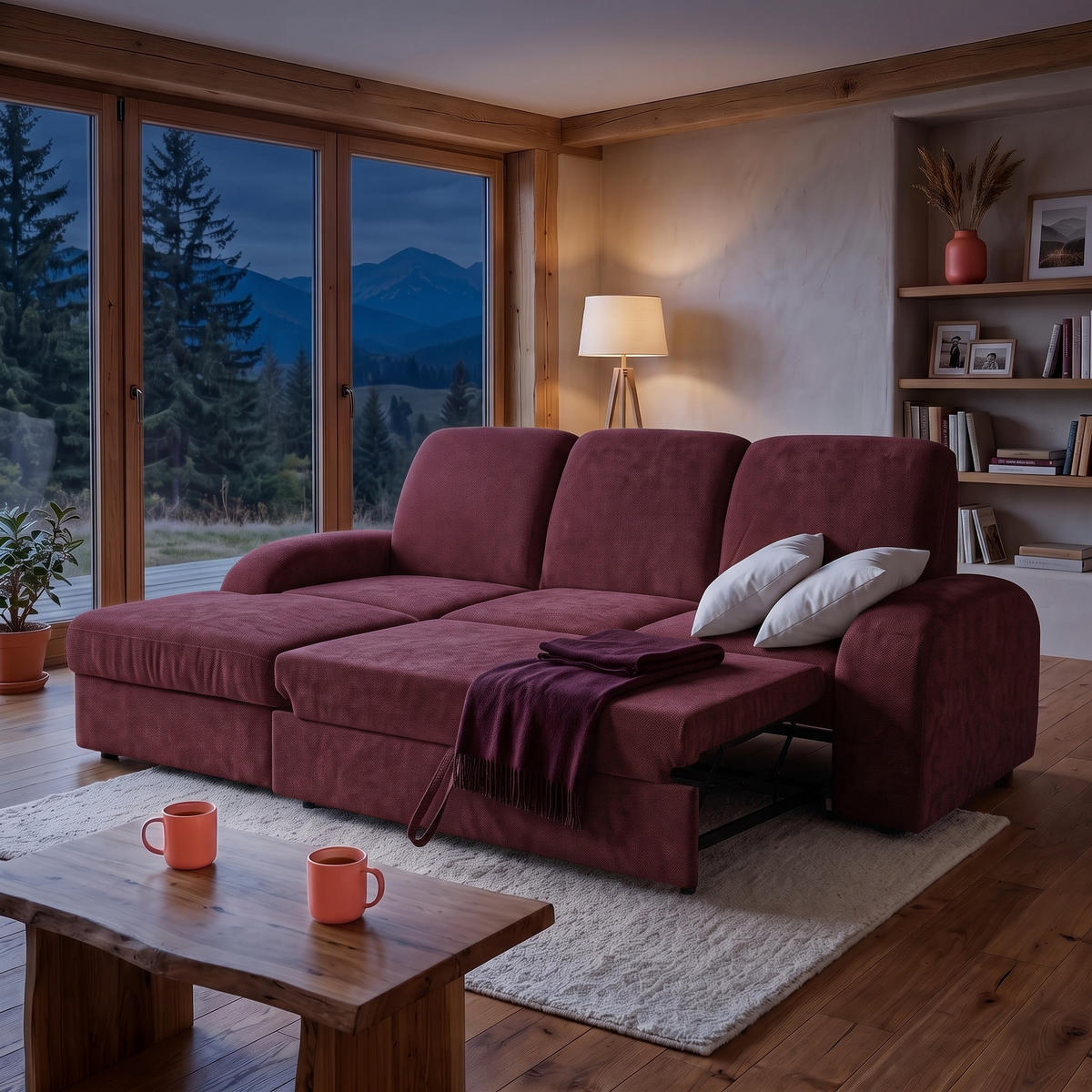 ECKSOFA VIBE S Links mit Schlaffunktion 130x202 Chenille Bordeaux - Bordeaux/Schwarz, Holz/Kunststoff (255/156cm) - Muffo