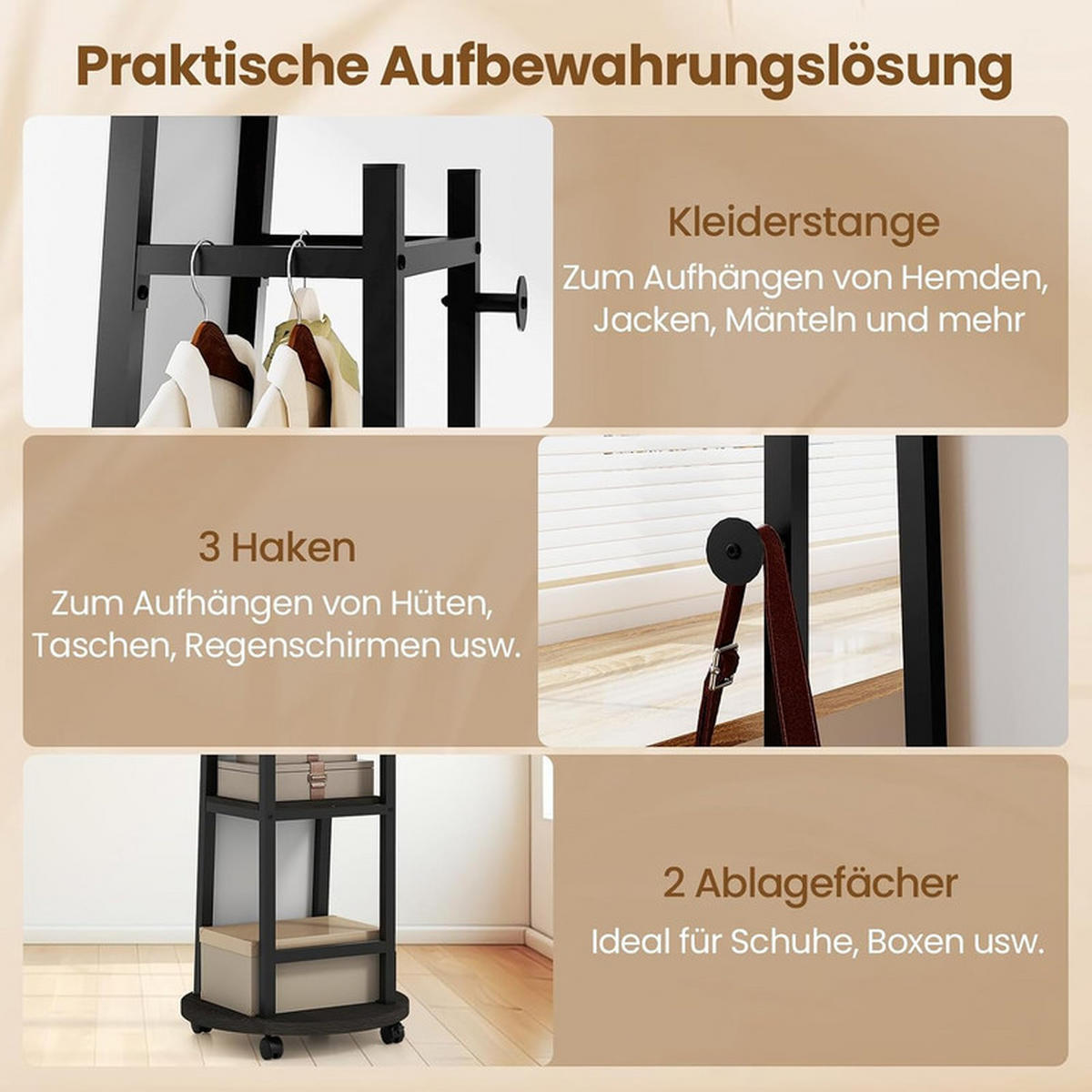 GARDEROBENSTÄNDER mit 3 Haken schwarz - Schwarz, Metall (45/135/45cm) - COSTWAY