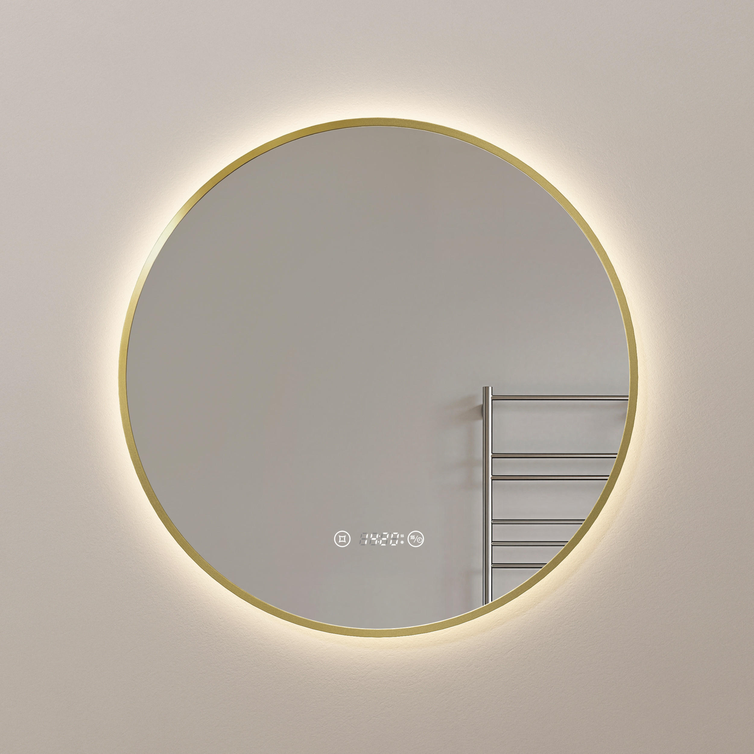 BADSPIEGEL mit LED-Beleuchtung Anti-Beschlag Zeitanzeige Goldfarben Ø 80 cm - Goldfarben, Glas (80/80/3cm) - EMKE