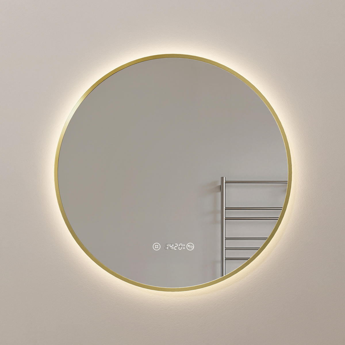 BADSPIEGEL mit LED-Beleuchtung Anti-Beschlag Zeitanzeige Goldfarben Ø 80 cm - Goldfarben, Glas (80/80/3cm) - EMKE