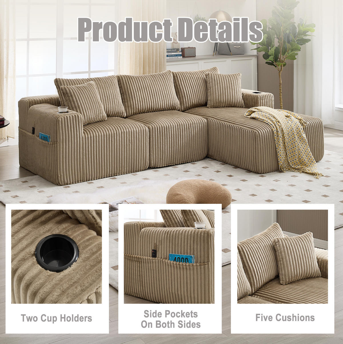 ECKSOFA 257/90-160/62 cm khaki aus Cord mit Chaiselongue - Sandfarben, Textil (160/257cm) - OKMYHOME