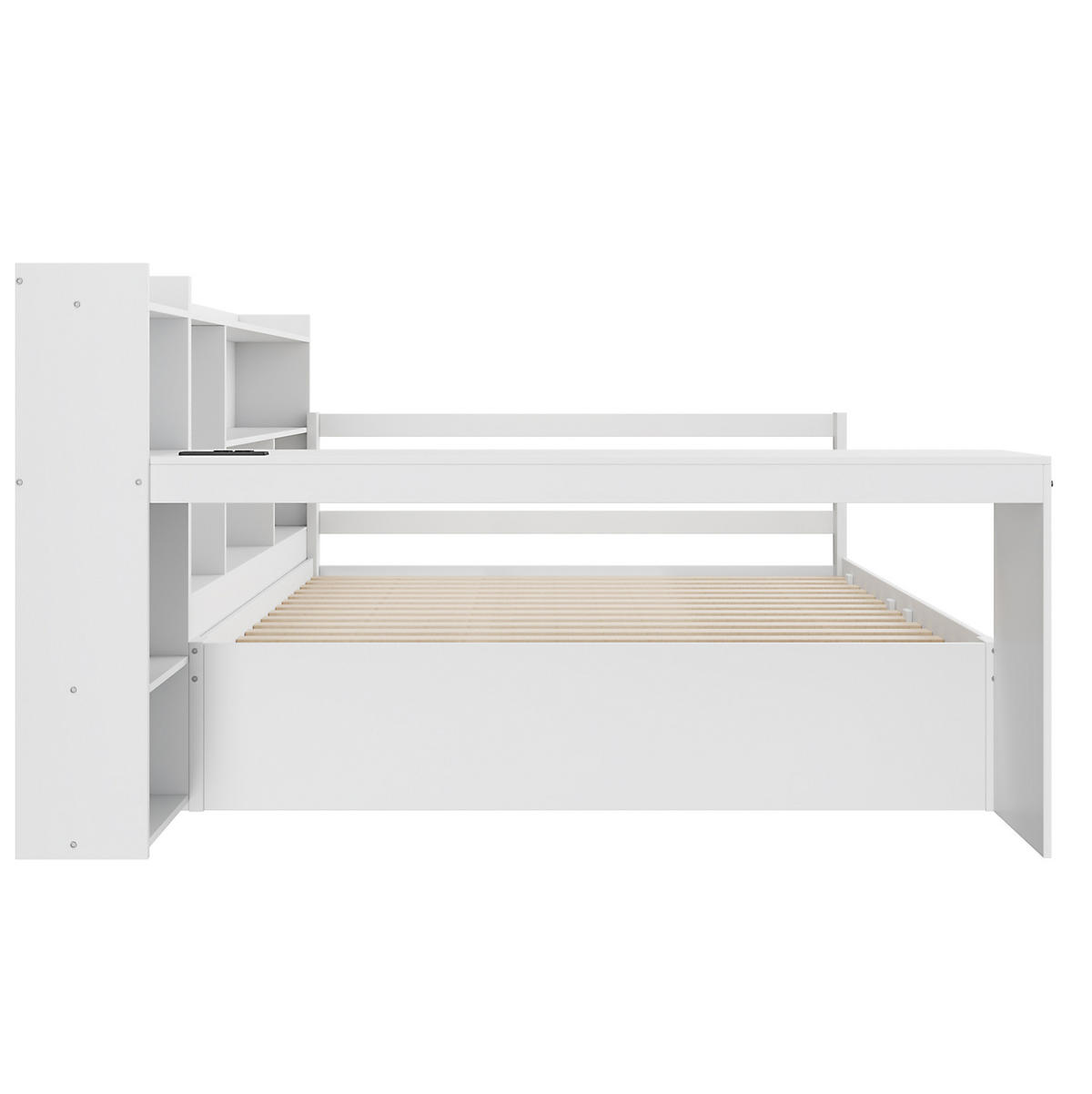 BETT 140x200 cm Weiß mit Schreibtisch, Regalen, USB-Anschluss und 2 Schubladen - Weiß, Holzwerkstoff (140/200cm) - Modfu