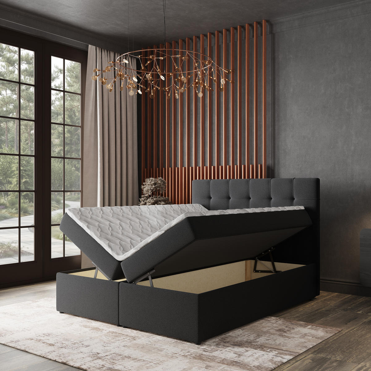 BOXBETT PALMA 160x200 cm mit Matratze und Topper, H2+H3 - Schwarz - Schwarz, Holz (160/200cm) - MASSENO