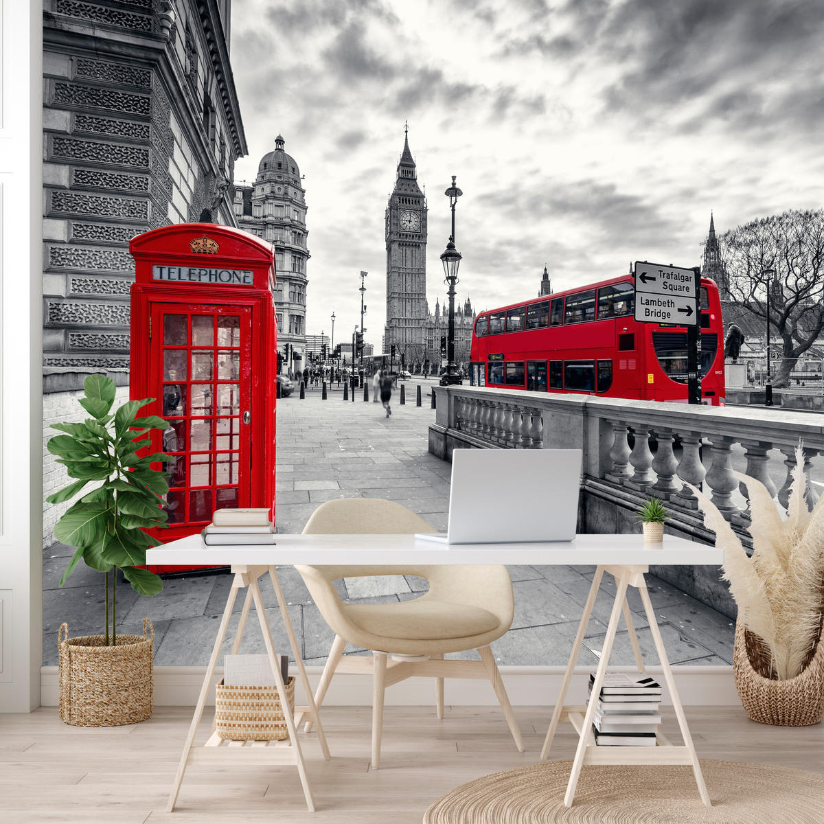 FOTOTAPETE für Wohnzimmer Rote Telefonzelle London Monument BIG BEN Bus 250x175 - Rot/Weiß, Papier (250/175cm) - Muralo