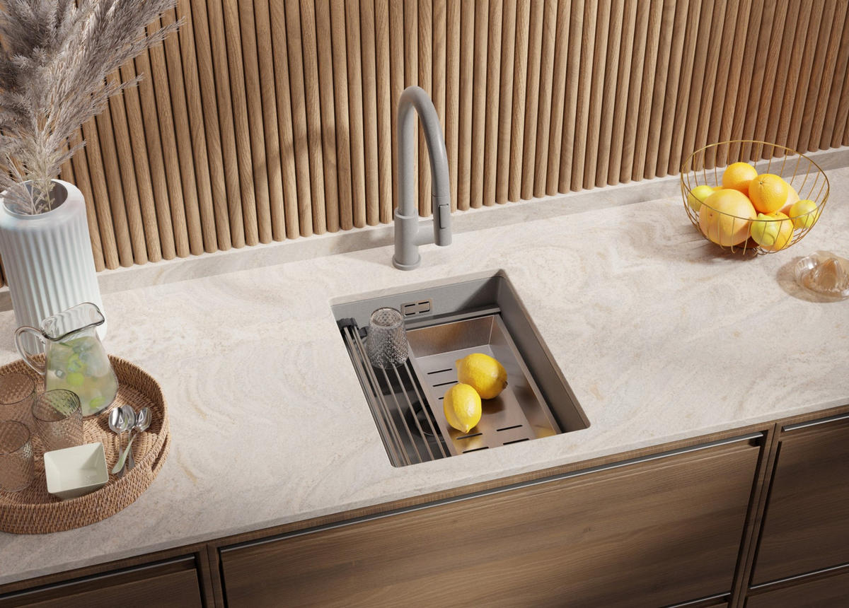 UNTERBAUSPÜLE GRANIT Praga, 2-er set Grau 36/47 cm 1 Becken + Ablauf-Set + Aufrollbare Abtropffläche ab 40er Unterschrank - Chromfarben/Grau, Kunststoff (36/20/47cm) - Primagran