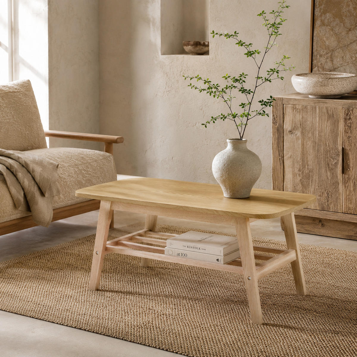 COUCHTISCH DE-37426 rechteckig mit zweistöckigem Stauraum Naturholz - Naturfarben, Holz (100/48/42.5cm) - ComfortXL