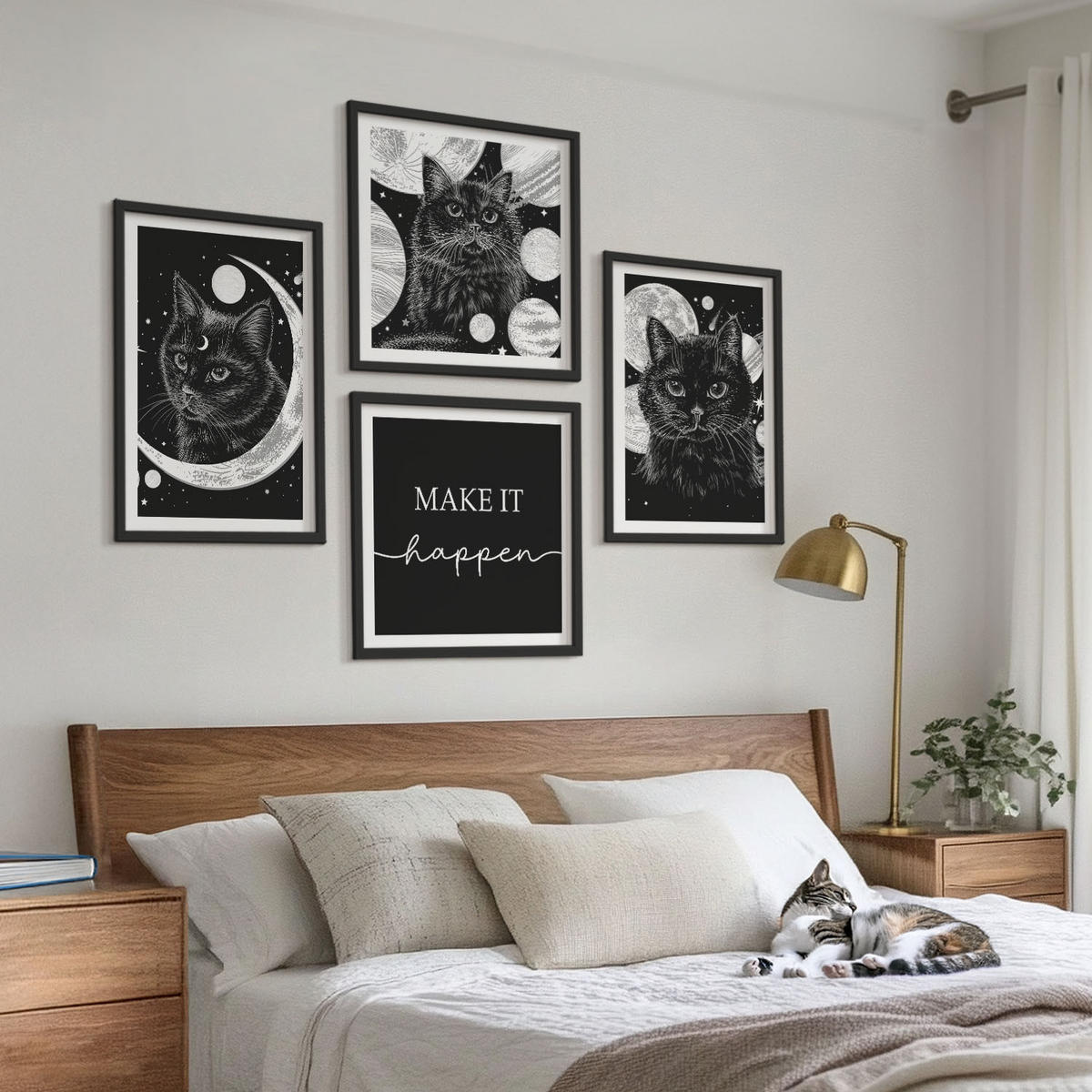 WANDBILDER 4er-Set - 50x50 cm & 40x60 cm Schwarzer Rahmen - Schwarze Katzen, Mond, Planet - Schwarz, Kunststoff (50/50cm) - ArtPrintCave