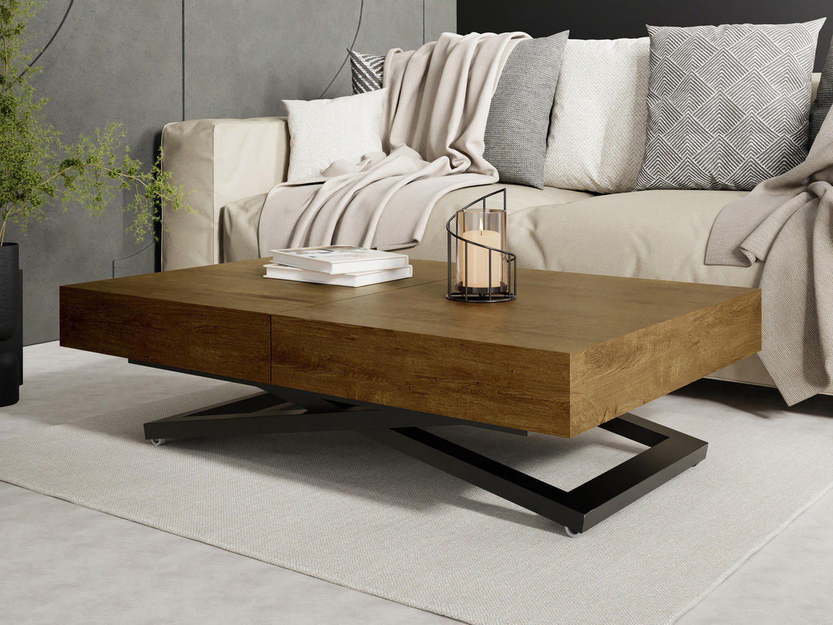 COUCHTISCH Cavetta U höhenverstellbar ausziehbar, Lefkas Eiche 120-200/80/27-76 cm - Alteiche/Schwarz, Holzwerkstoff/Metall (80/120/76cm) - WFL GROUP