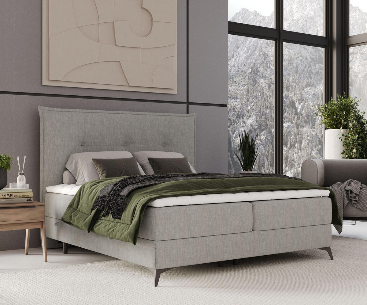 BOXBETT Menzzo Grau 180/200 cm mit Matratze und Topper - Schwarz/Grau, Holz/Holzwerkstoff (180/200cm) - Maison de Reve
