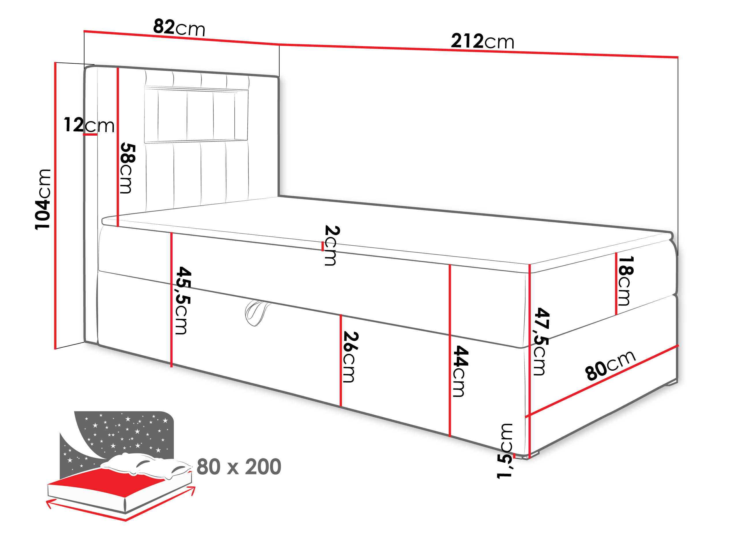 Thumbnail - Mirjan24 Boxbett, Weiß, Rot, Holz, H3, 80x200 cm, Schlafzimmer, Betten, Boxspringbetten