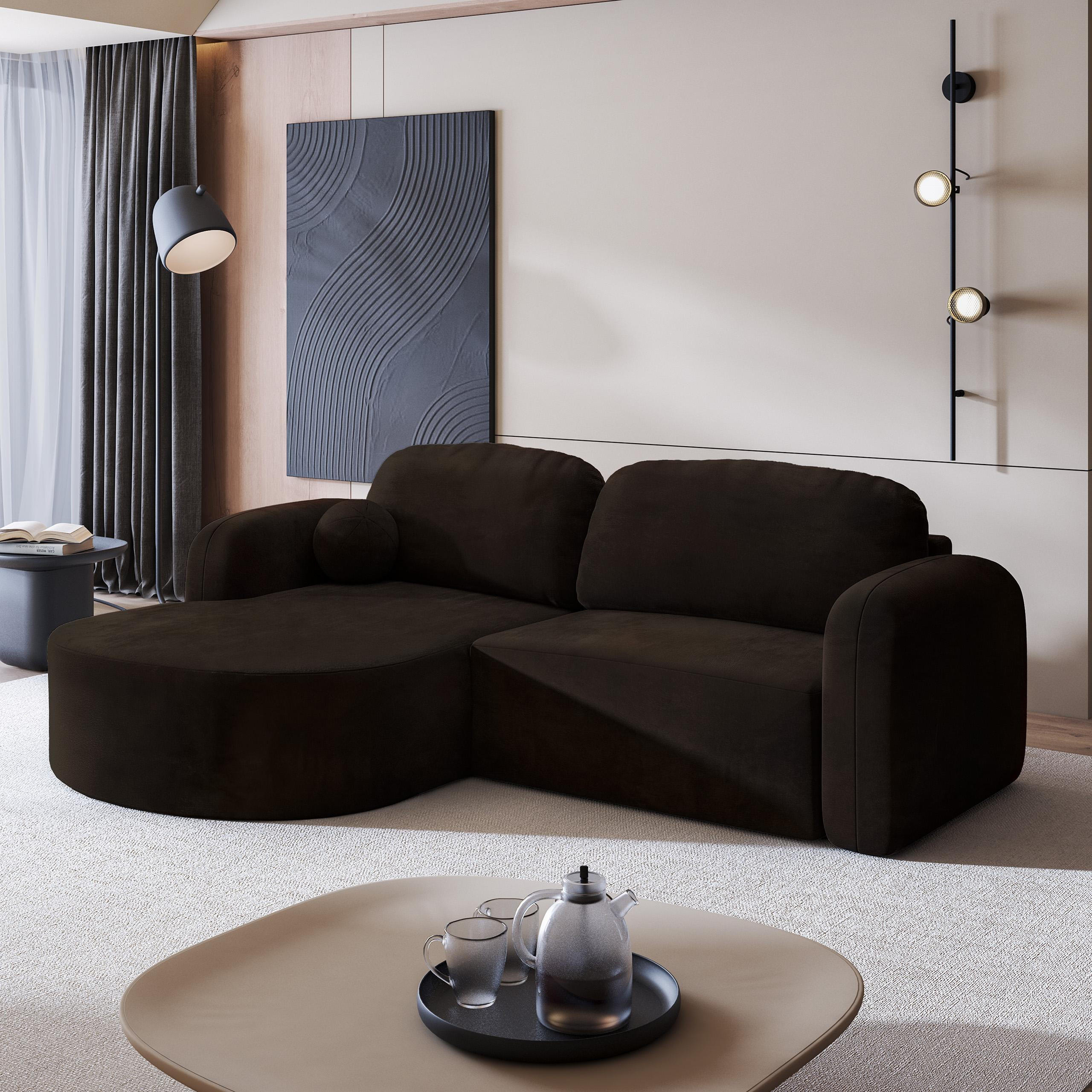 ECKSOFA AMILIA M L-S Braun Velours-Stoff mit Schlaffunktion - Braun, Holz (263/174cm) - MASSENO