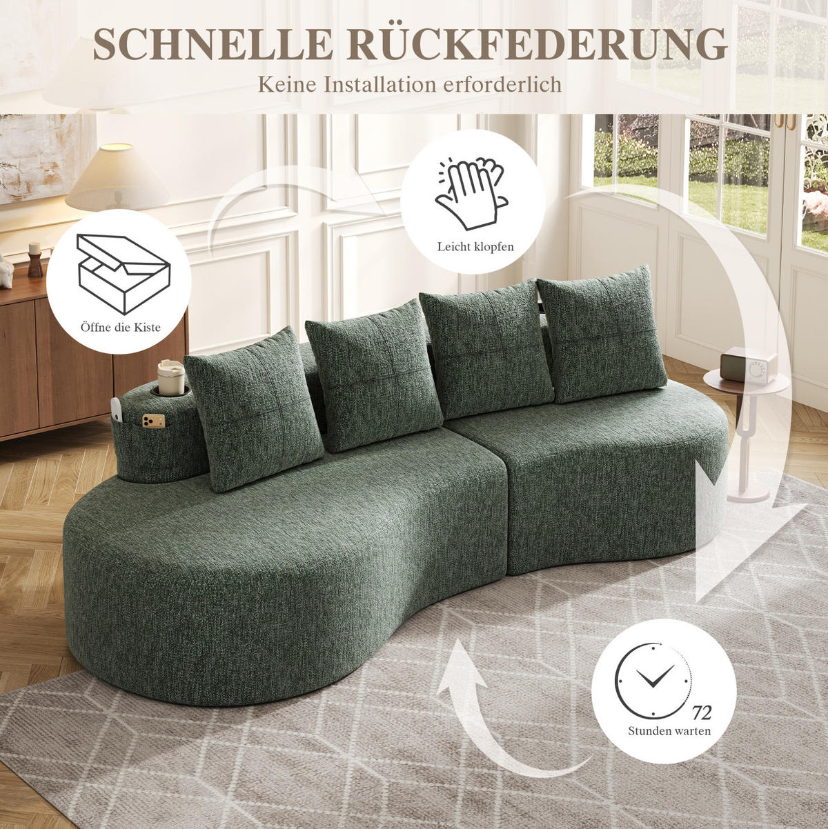 SOFA 240/109/63 cm in Grün aus Leinen mit 4 Kissen, Becherhaltern und Taschen - Grün, Textil (109/63/240cm) - Flora Grace
