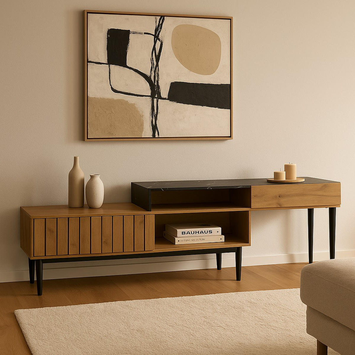 SIDEBOARD mit schwarzem Marmor-Effekt, 3 Schubladen - Braun, Holzwerkstoff (200/58/26.5cm) - Urban Meuble