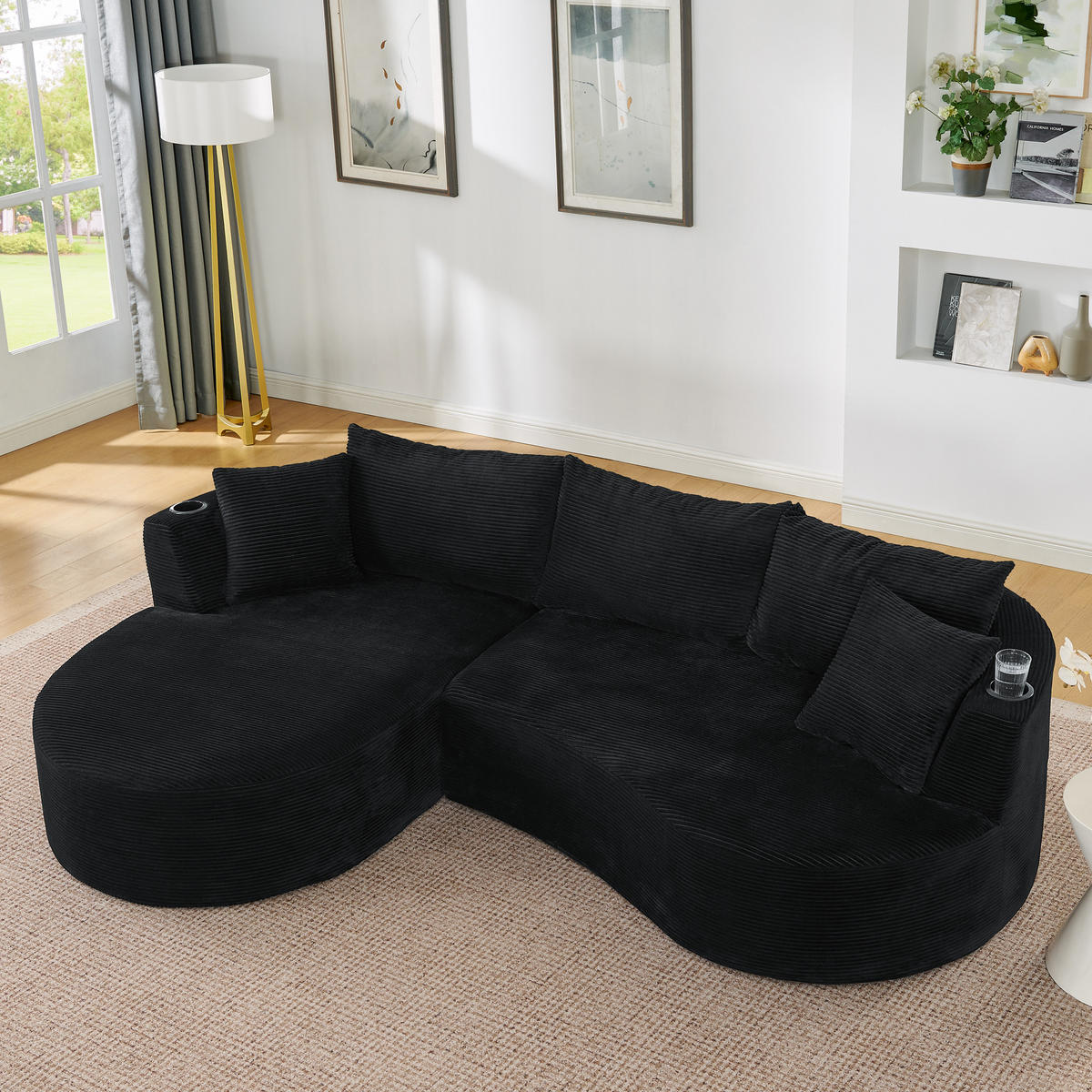 3-SITZER ECKSOFA Cord Schwarz mit Getränkehaltern und Kissen - Schwarz, Textil (264/168cm) - WISHDOR