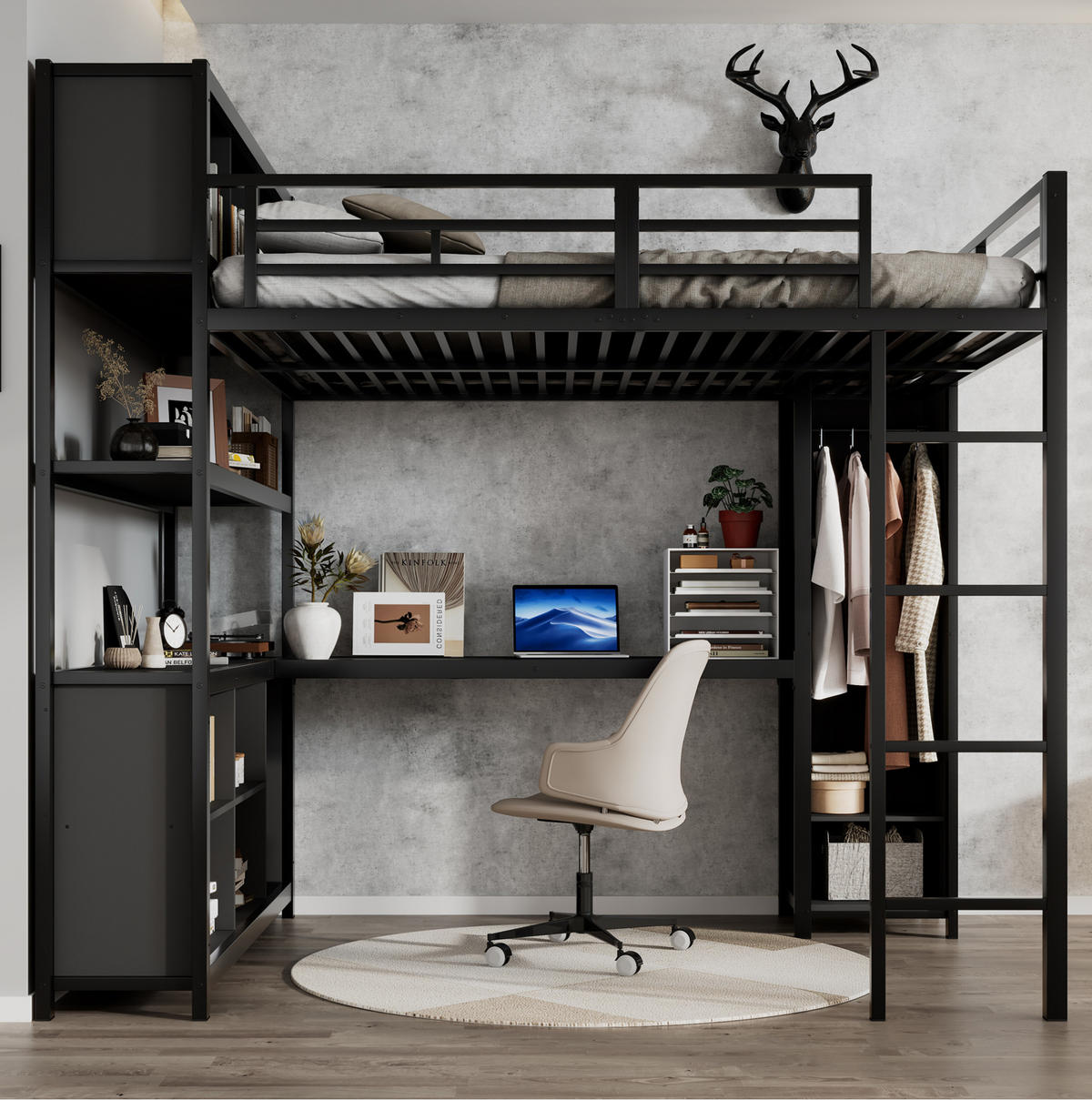 HOCHBETT aus Metall und Holz 140x200 cm in Schwarz mit Stauraum & Schrank - Schwarz, Metall (140/200cm) - Modfu