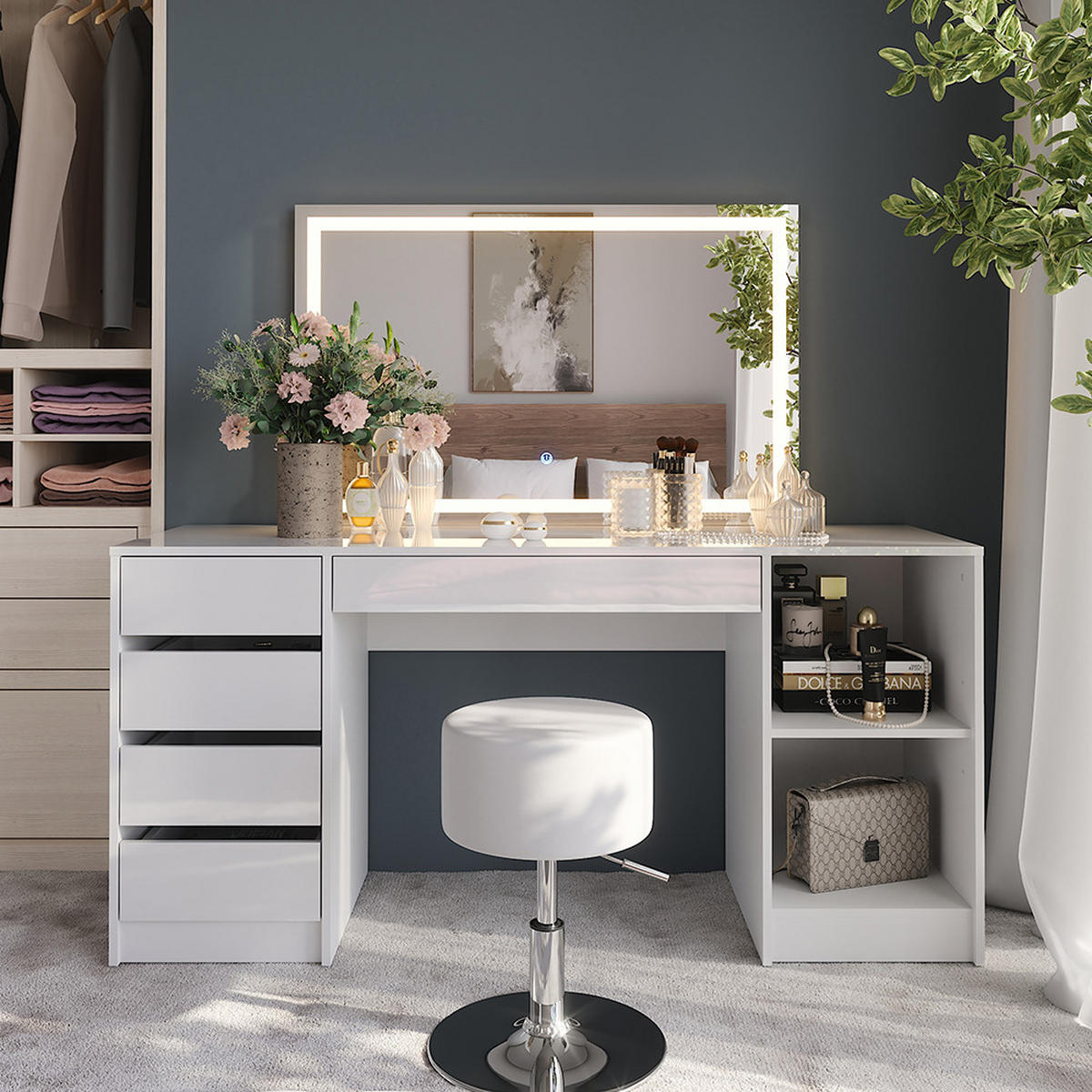 SCHMINKTISCH Sherry Weiß/Weiß Hochglanz 158.2 cm mit LED-Spiegel und Hocker - Weiß Hochglanz, Holzwerkstoff (158.2/76/50.1cm) - Vicco