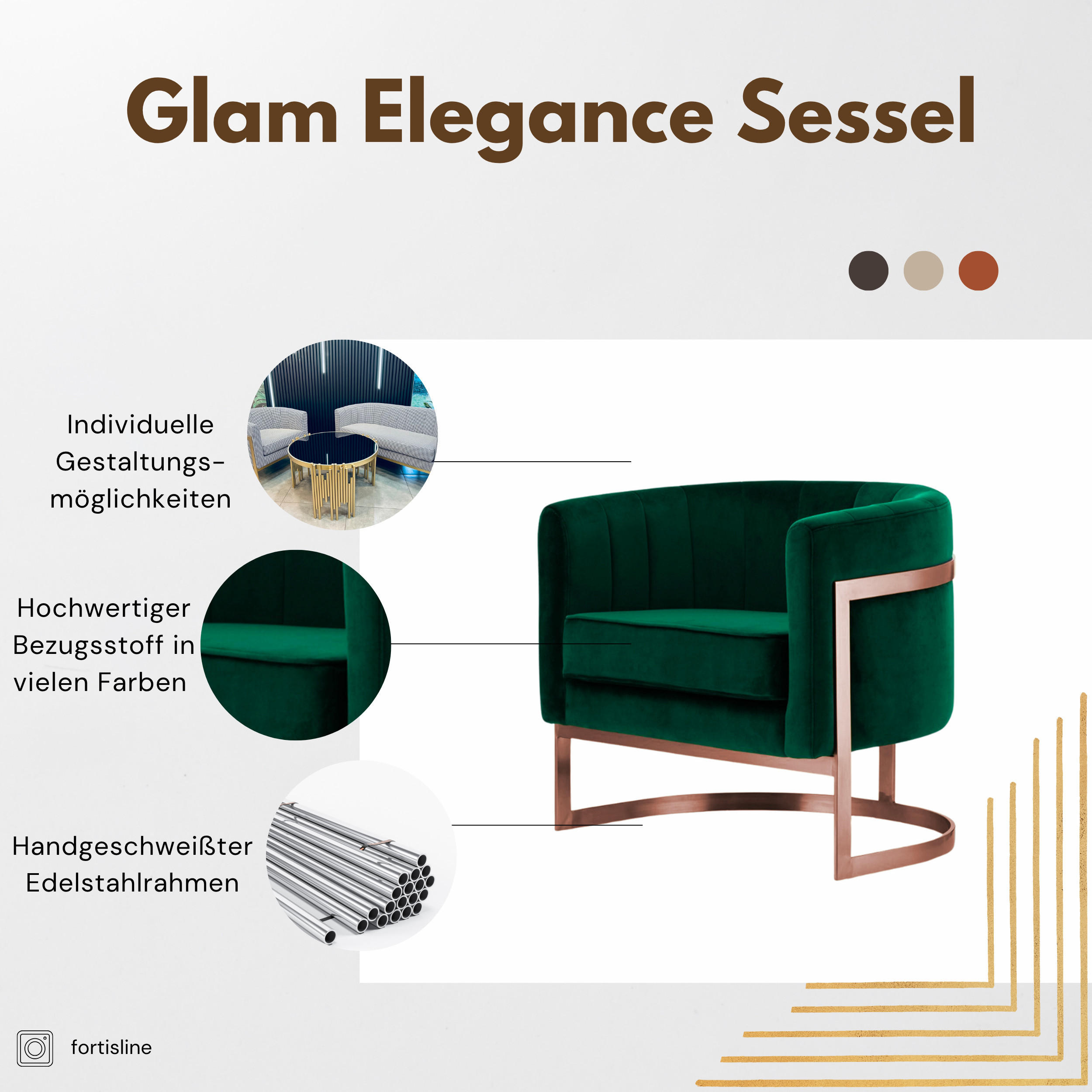 DESIGNSESSEL Glam Elegance – Individuell gefertigter Design-Sessel mit Edelstahlrahmen - Smaragdgrün/Silberfarben, Textil/Metall (75/71/68cm) - Fortisline