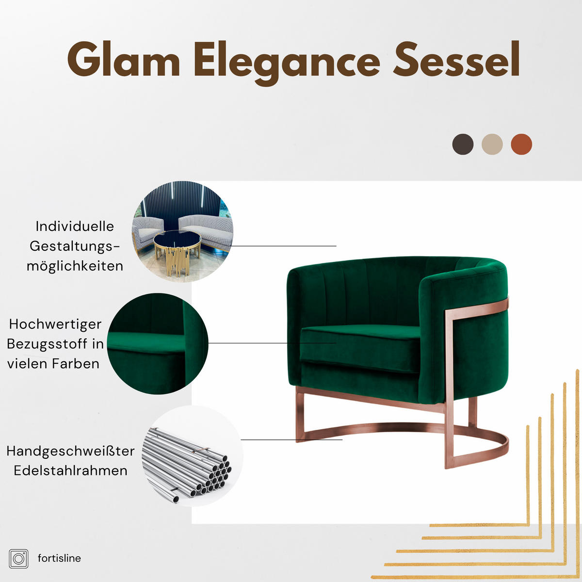 DESIGNSESSEL Glam Elegance – Individuell gefertigter Design-Sessel mit Edelstahlrahmen - Smaragdgrün/Goldfarben, Textil/Metall (75/71/68cm) - Fortisline