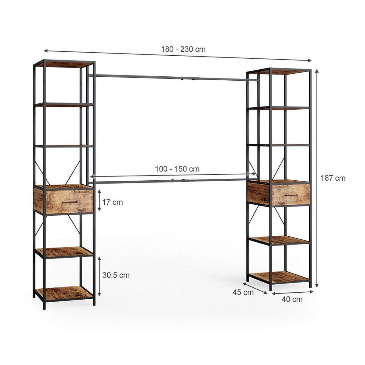 KLEIDERSCHRANK Fyrk Eiche rustikal 180 x 187 cm - Wildeiche/Schwarz, Holzwerkstoff (180/187/45cm) - Vicco