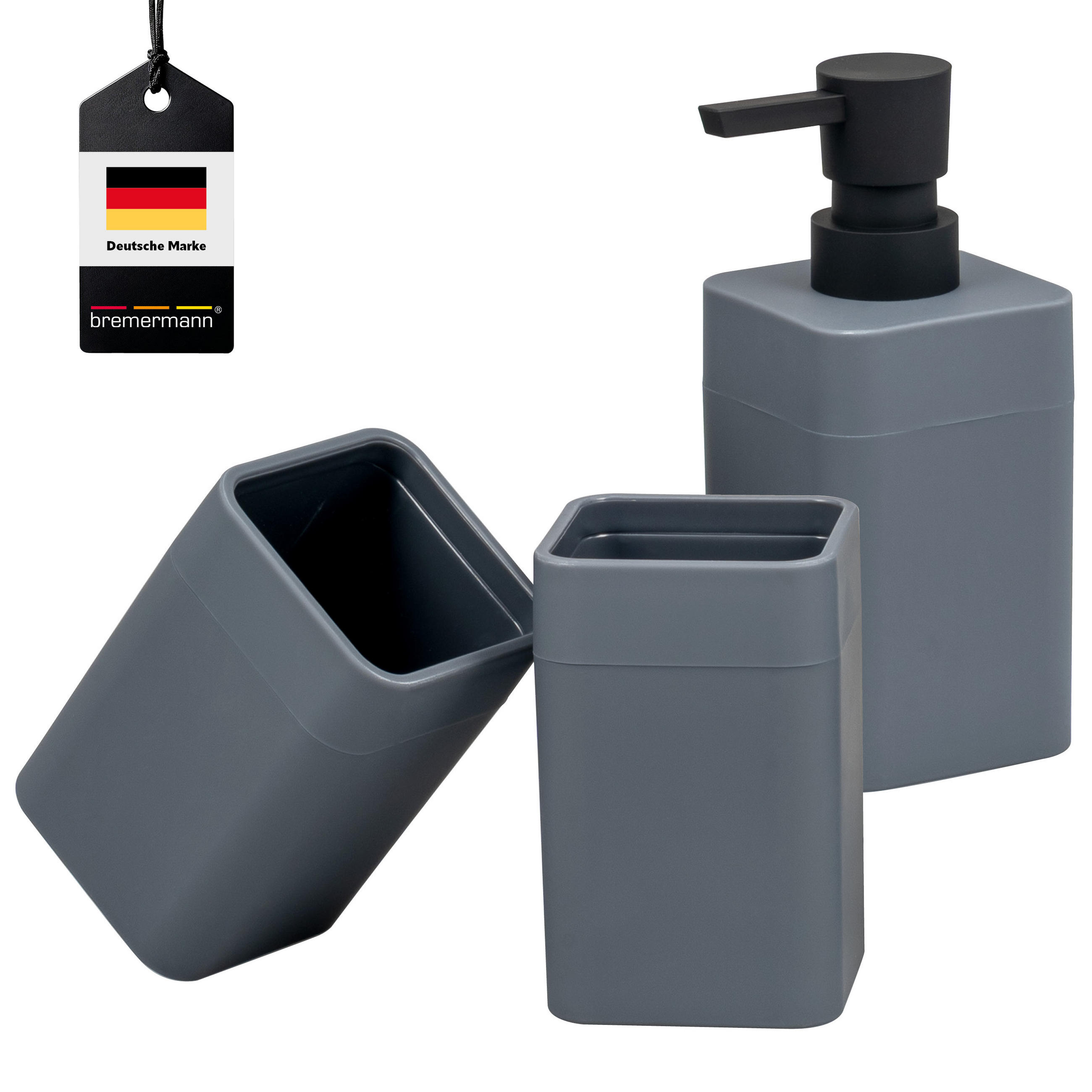 BADEZIMMER-SET SAVONA, Soft-Touch, grau, eckig - Grau, Kunststoff (7/16/9cm) - bremermann