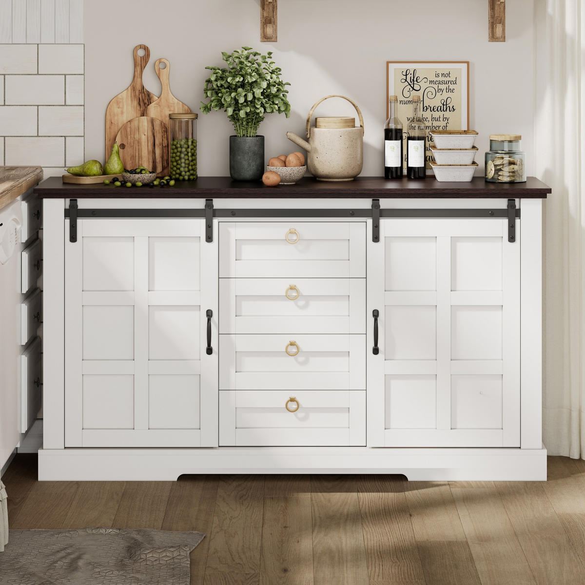 SIDEBOARD in Weiß Buffet mit Stauraum, Schiebetüren und Schubladen für Küchen und Wohnzimmer, B150/T40/H85 cm - Weiß, Holzwerkstoff (150/85/40cm) - STILVORA