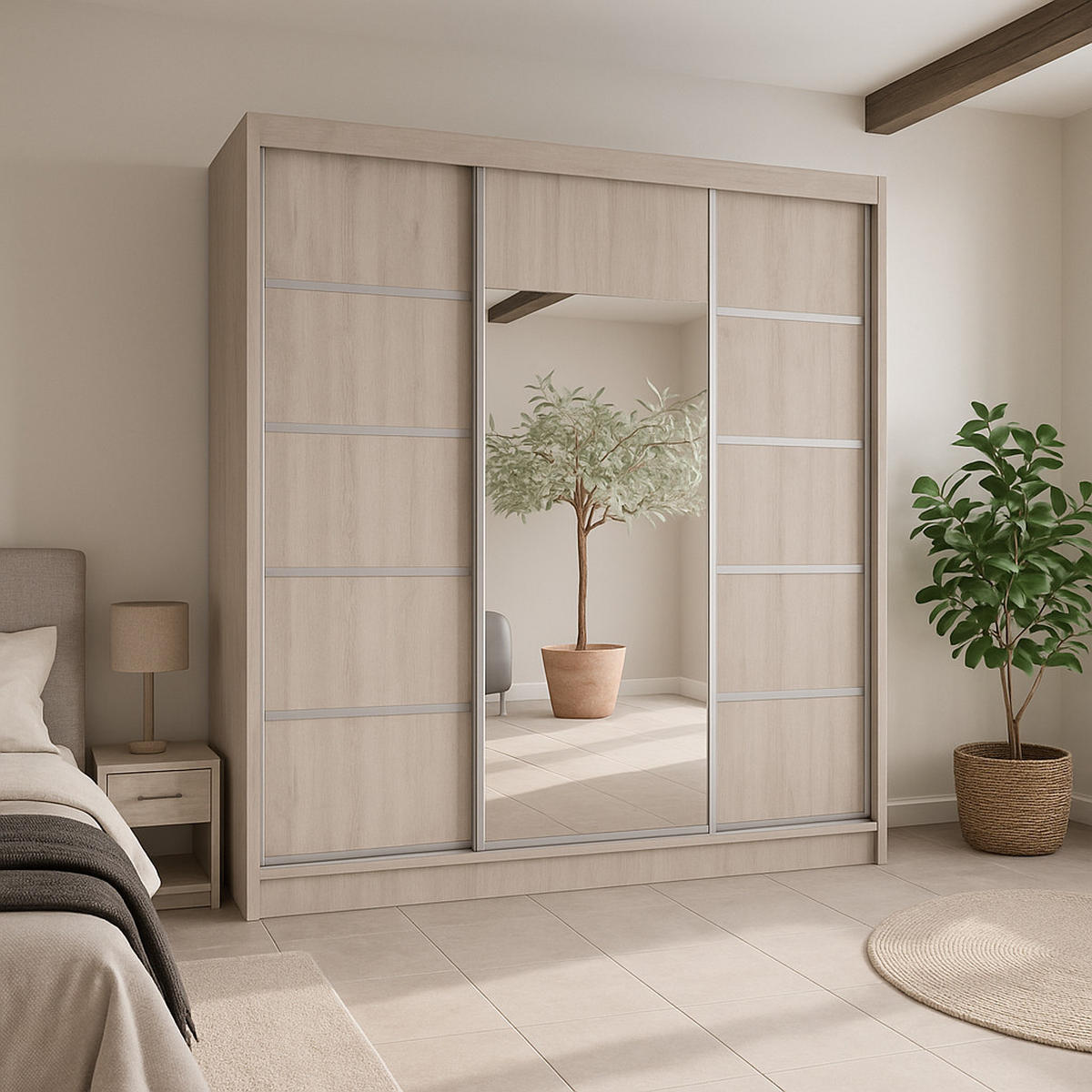 SCHWEBETÜRENSCHRANK Moni mit Spiegel und Zierleisten, 215x200x61cm, eiche Sonoma+Silber - Silberfarben/Sonoma Eiche, Holzwerkstoff (200/215/61cm) - AN-Moebel 4u