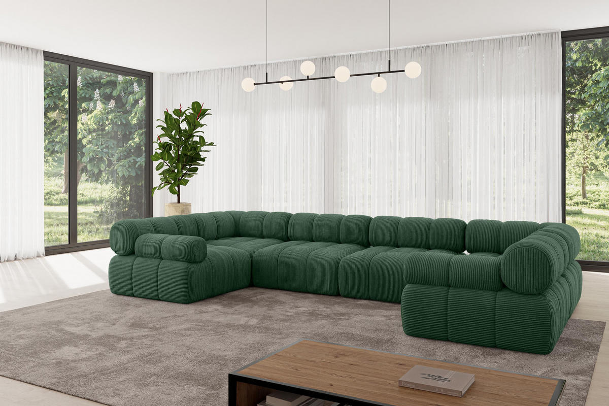 WOHNLANDSCHAFT modulares Sofa Birno-U2 - 380x190x70 cm Grün Cord - Grün, Holzwerkstoff/Textil (380/70/190cm) - ALTDECOR