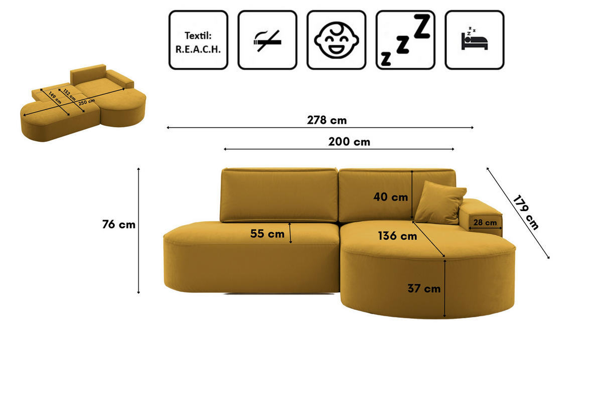 ECKSOFA Modena Pro - Komfort Und Stil Stoff Salvador Gelb Rechts - Gelb, Holz (278/179cm) - Kaiser Möbel