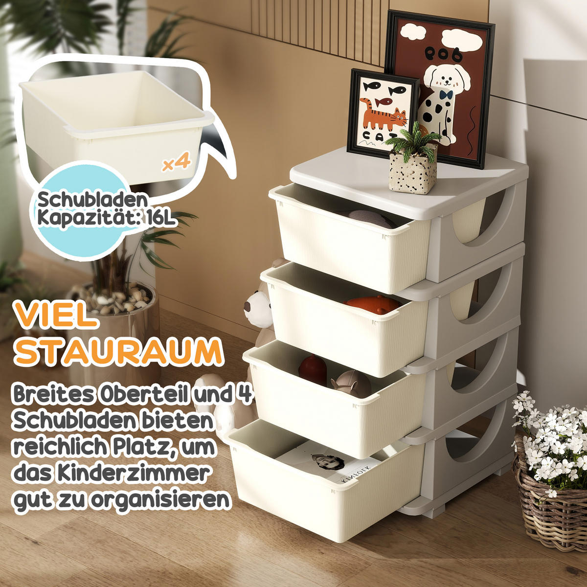AUFBEWAHRUNGSBOXEN für Kinder, 4 große Schubladen, Kunststoff - Creme/Weiß, Kunststoff (37/76/37cm) - HOMCOM