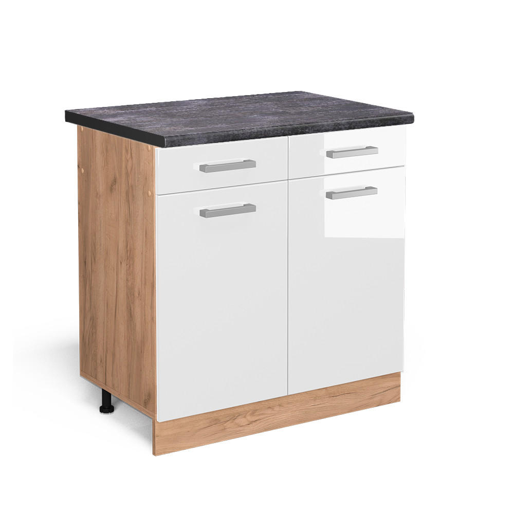 KÜCHENUNTERSCHRANK R-Line Weiß Hochglanz 80 cm, AP Anthrazit - Weiß Hochglanz/Eiche Wotan, Holzwerkstoff (80/81.6/60cm) - Vicco