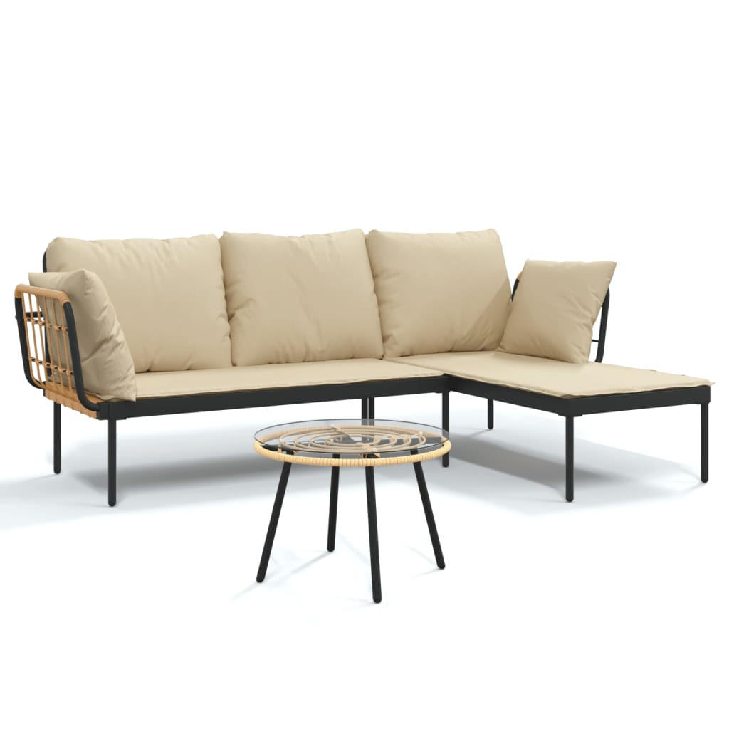 LOUNGEGARNITUR mit Auflagen und Couchtisch, aus Stahl und Poly Rattan, Beige, 3-teiliges Set - Anthrazit, Kunststoff - vidaXL