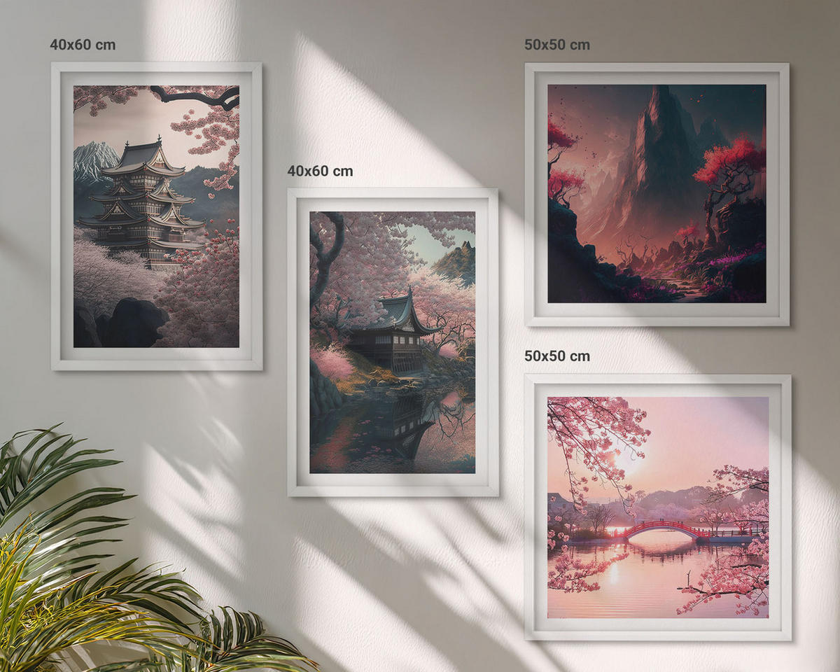 BILDER SET 4er Set - 50x50 cm & 40x60 cm Weißer Rahmen - Fantasielandschaften Japans - Weiß, Kunststoff (50/50cm) - TULUP