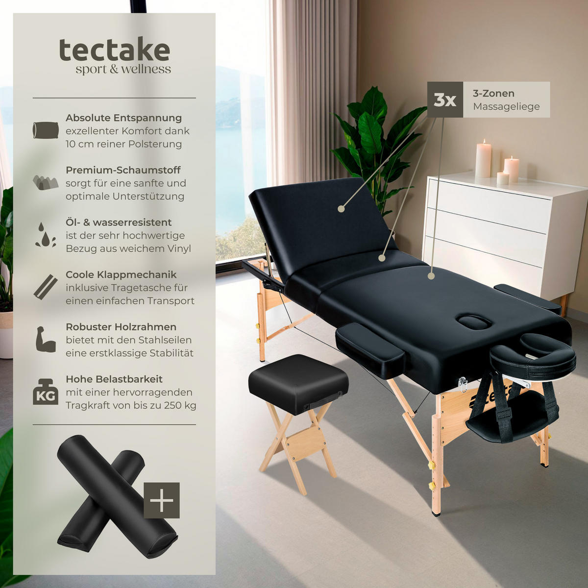 MASSAGELIEGE-SET 3 Zonen, 218 x 102 x 90 cm,schwarz - Schwarz, Holz (102/90/218cm) - tectake
