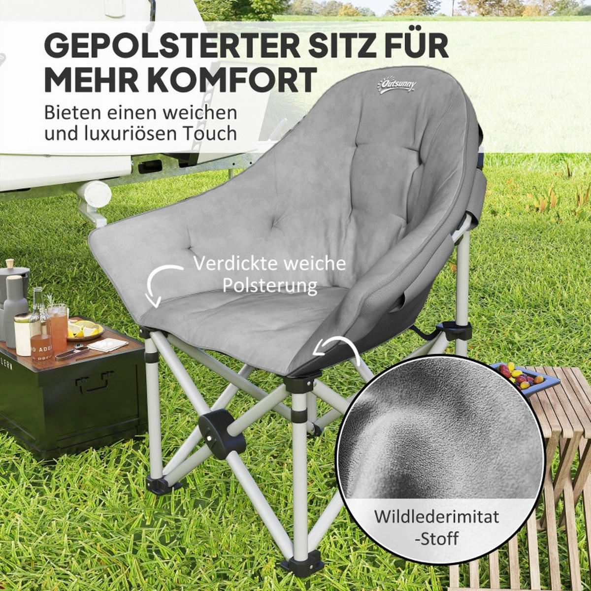 CAMPINGSTUHL klappbar gepolstert Seitentasche - Dunkelgrau, Leder (90/100/63cm) - LEBENLANG