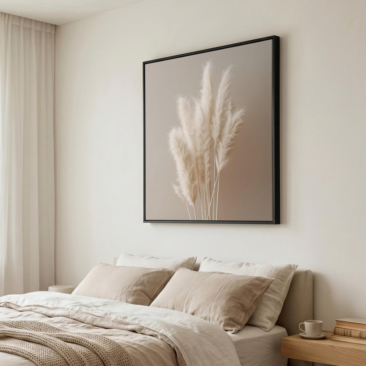 LEINWAND Bilder mit Rahmen - Pampasgras - Federn - Pastell - Weiß - 90x90 - Naturfarben, Textil (90/90cm) - MuchoWow