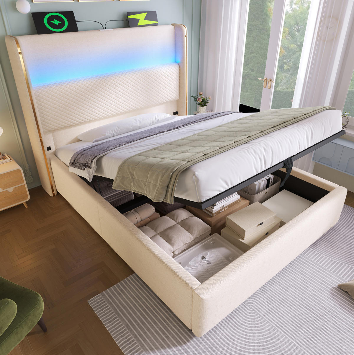 POLSTERBETT mit LED-Beleuchtung 90/200 cm mit Bettkasten und gepolstertem Kopfteil - Beige, Textil (90/200cm) - BEAOK