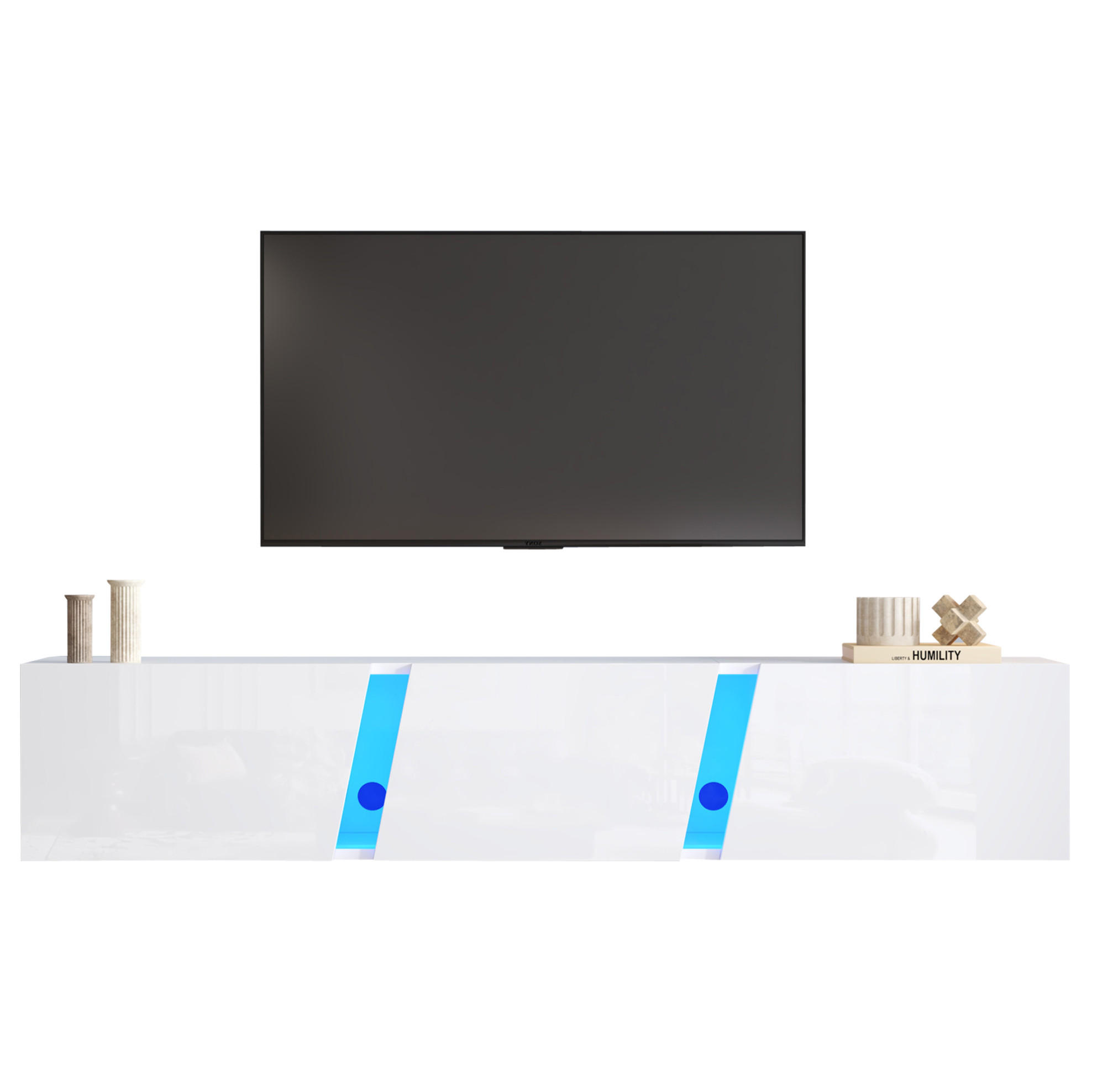 Redom ZÁVĚSNÝ TV stolek 180/35/30 cm s LED osvětlením a třemi klopnými dvířky, vysoký lesk, Bílá