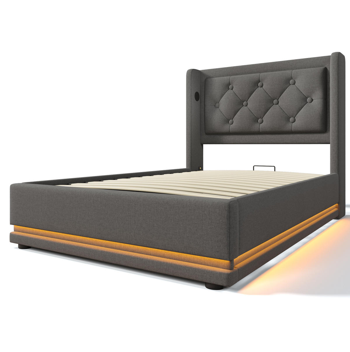 BETT mit Stauraum, USB & LED 90x200 cm Baumwolle Grau inkl. Matratze - Grau, Metall (90/200cm) - Meubliv