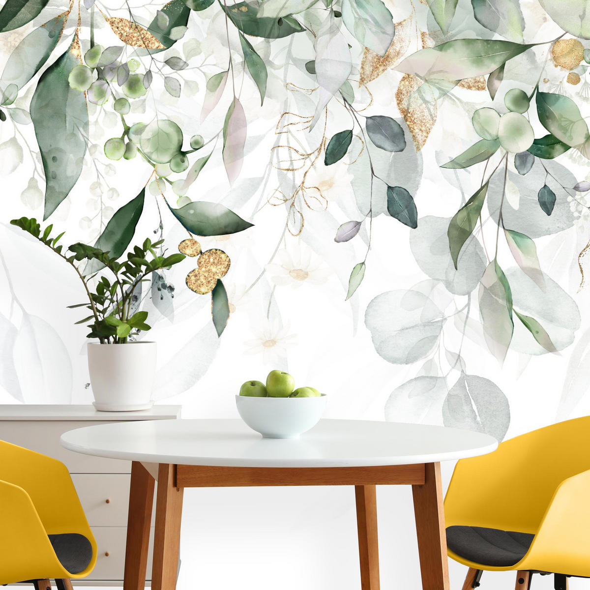 FOTOTAPETE Aquarell Blätter Pflanzen Natur 100x70 - Gelb/Beige, Papier (100/70cm) - Muralo