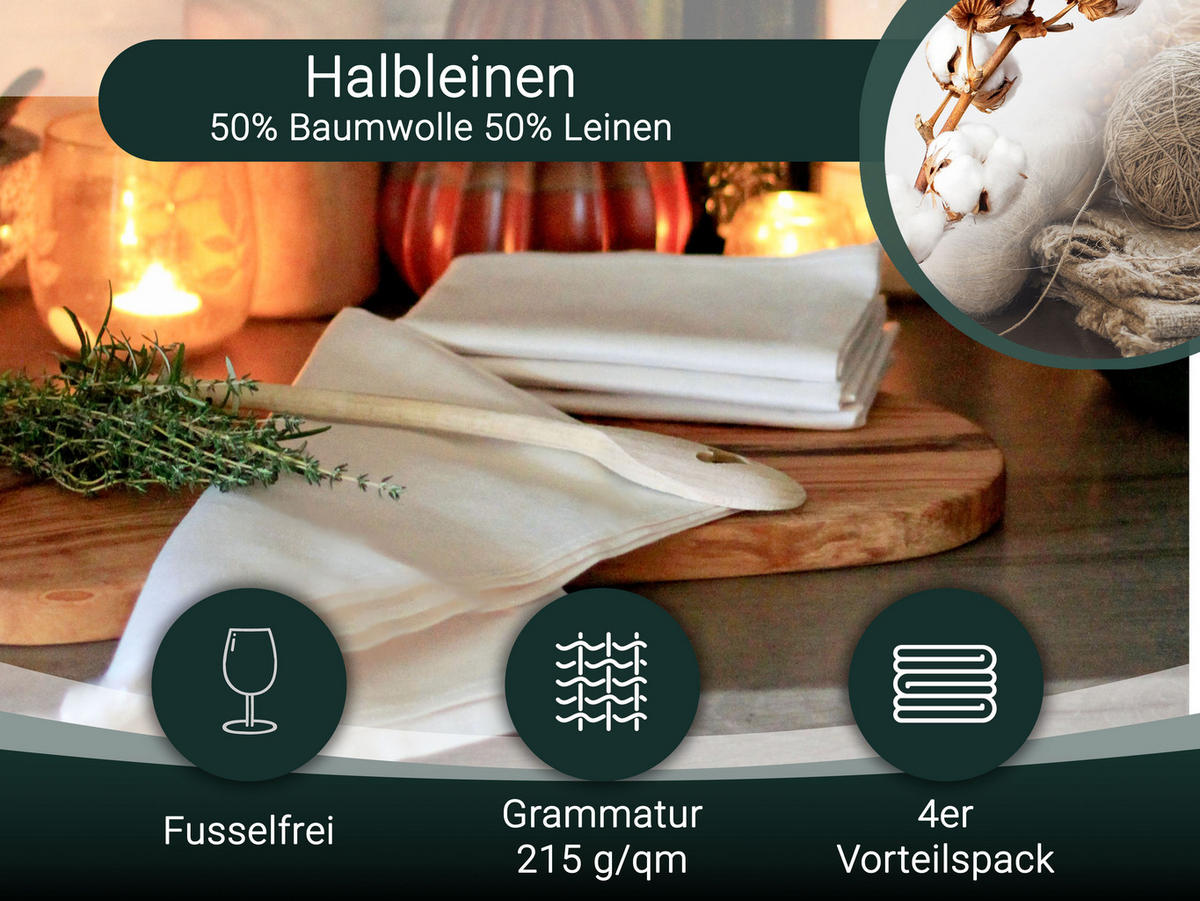 GESCHIRRTÜCHER, 4er-Set, 50x70 cm, 50% Baumwolle, 50% Leinen, Weiß - Creme, Textil (50/70cm) - Zollner