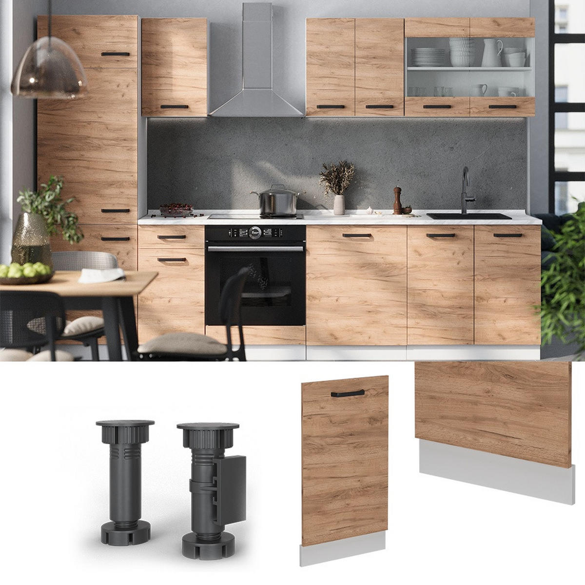 SPREDNJA PLOŠČA POMIVALNEGA STROJA R-Line Zlati hrast z močjo 45 cm , DP Antracit - bela/medeni hrast, leseni material (45/81.8/1.6cm) - Vicco