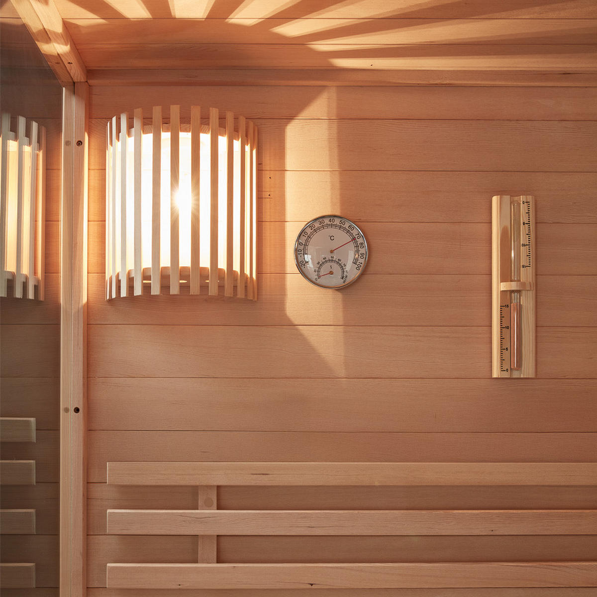 SAUNA SKYLINE XL - Ausstattung: Mit Holzwand, Größe: 150 x 150 x 150 x 200 cm - Naturfarben, Holz (150/200/150cm) - Home Deluxe
